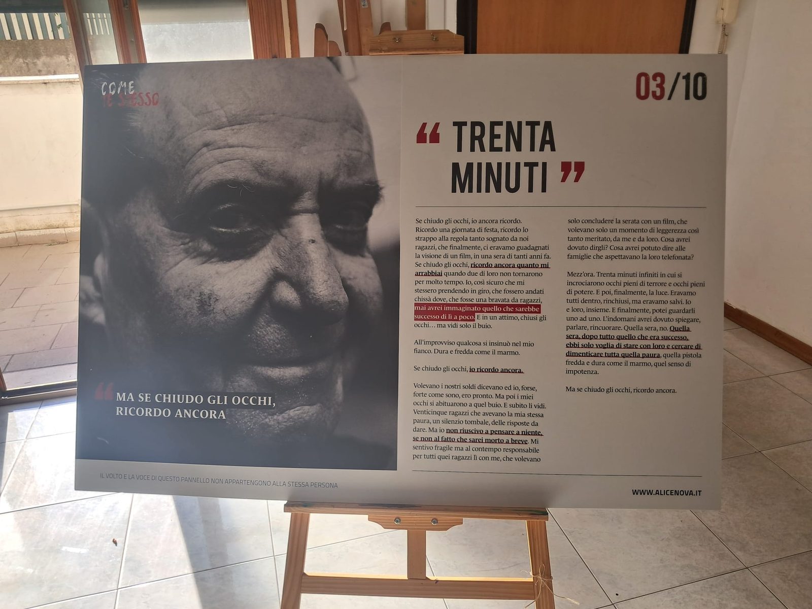 Pannello 3 di 10: «Trenta minuti», accanto a un volto che non è il suo